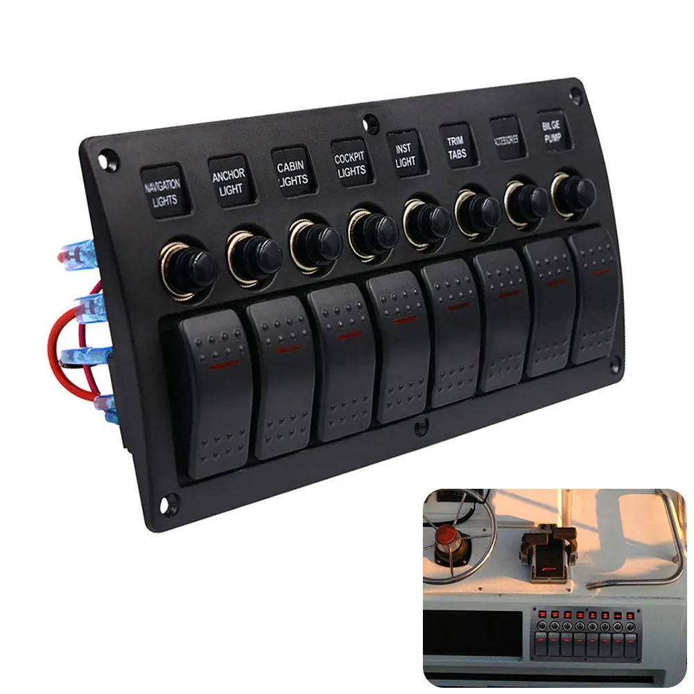 

Boat Auto Switch Panel 3Pin LED Light Waterproof Circuit Breaker Yacht Rocker Marine Universal Car 8 Gang 12V 24V