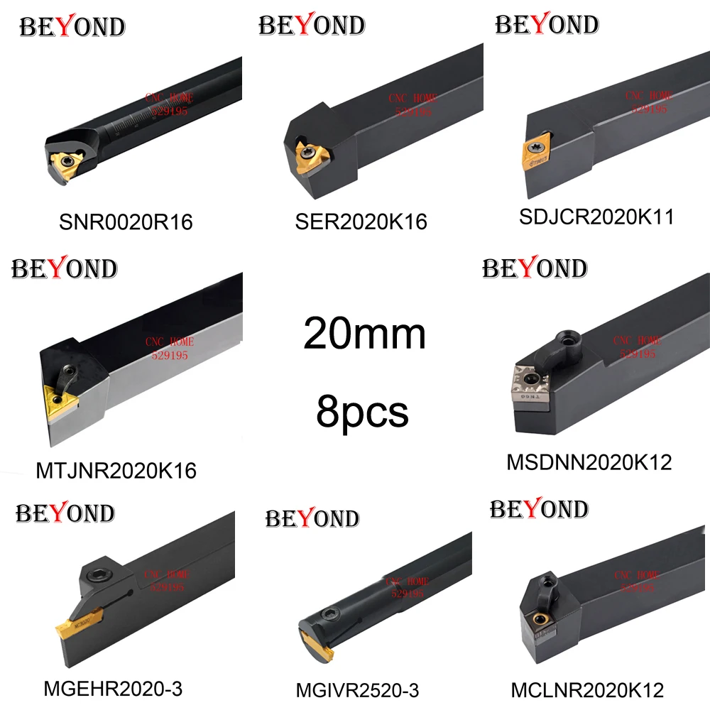 US $63.55 BEYOND 20mm 8pcs Lathe Tools Set SNR SER SDJCR MGEHR MGIVR 2020 Set Turning Tool Holder Carbide Inserts lathe arbor cnc