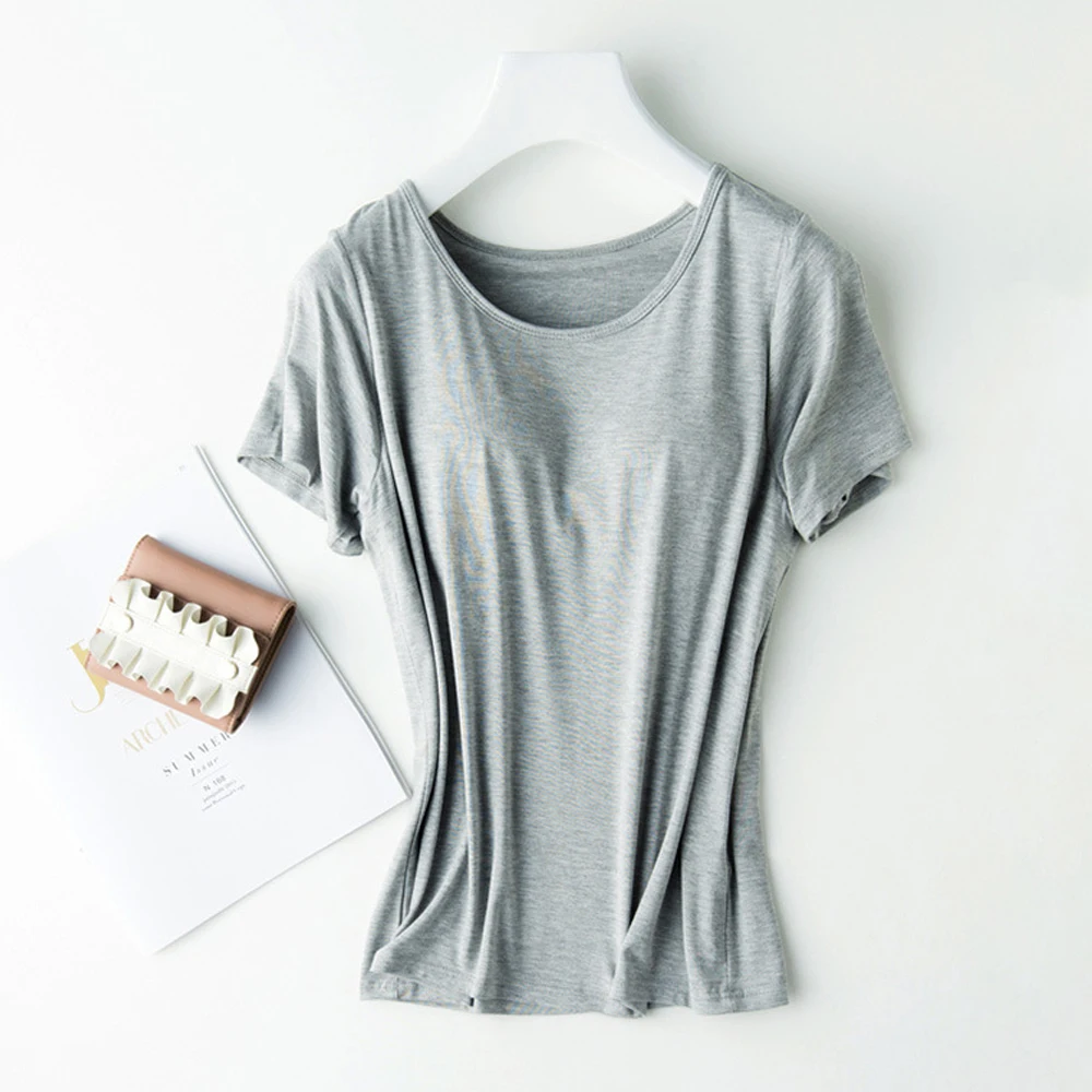 

Modal Viscose Pyjama Femme Bra One-Piece Sleepwear 2021 New Women Chest Pad Short Sleeve Pajamas Casual Loose Home Clothes Tops