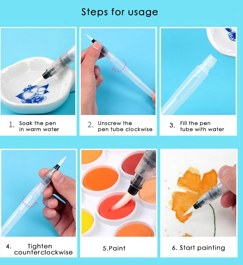 6Pcs/Set Refillable Paint Brush Water Color Brush for Painting Calligraph Drawing Art Supplies
