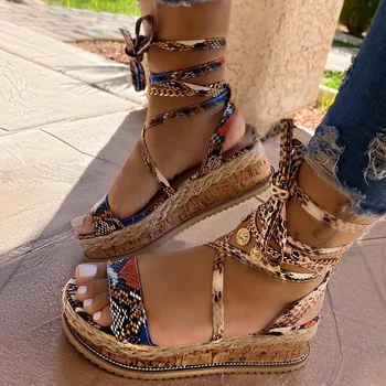 

Women Sandals 2020 Summer Fashion Open Toe 4cm Platform Mid-Heel Snakeskin Lace-Up Beach Outdoor Causal Shoes Plus Size
