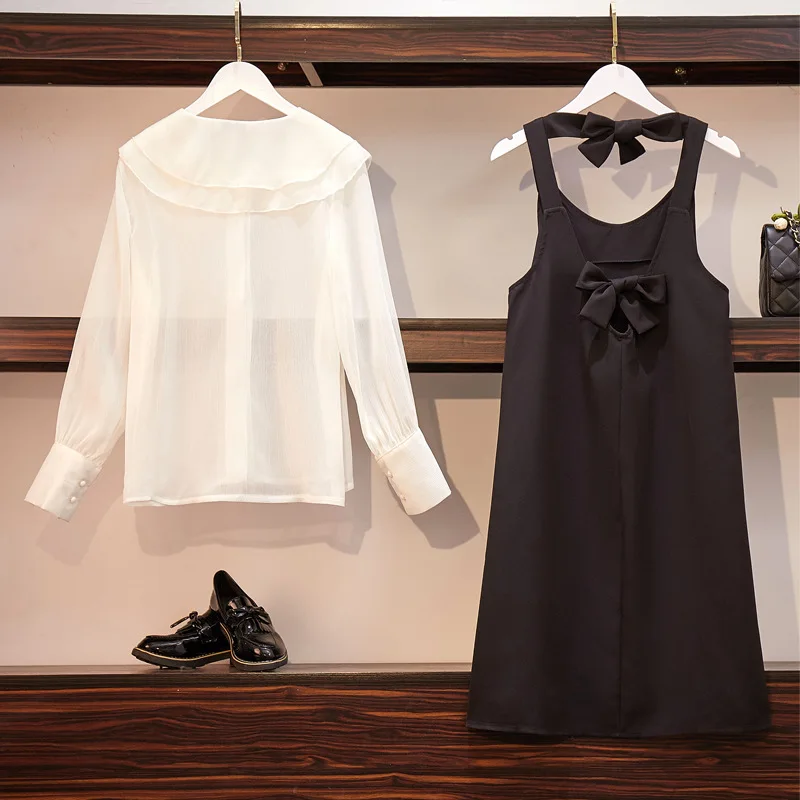 

2019 Large Size Dress Fat Mm Spring Clothing Microlens Peter Pan Collar Shirt Back Bow Strapped Dress Two-Piece Set