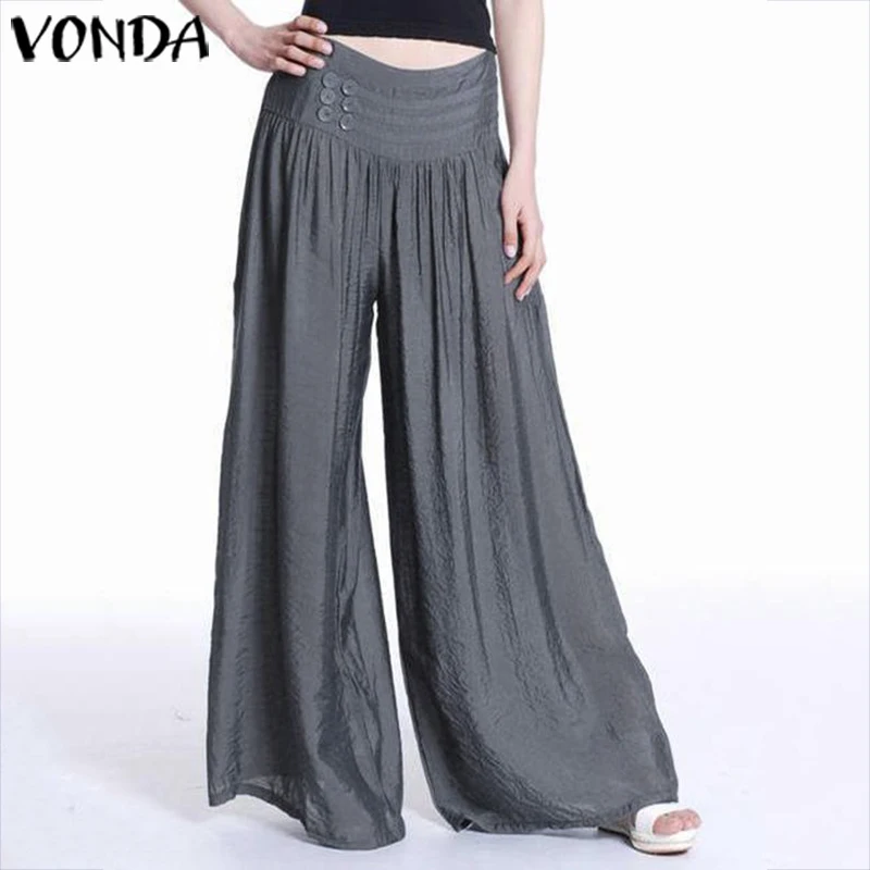 

VONDA Women Wide Leg Pants 2019 Spring Summer Female Vintage Plus Size Elastic Waist Trousers Casual Loose Solid Bottoms Baggy