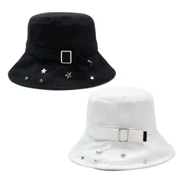 

Women Pentagram Star Rivets Harajuku Bucket Hat Metal Buckle Decorative Outdoor Sunscreen Hip Hop Panama Fisherman Cap