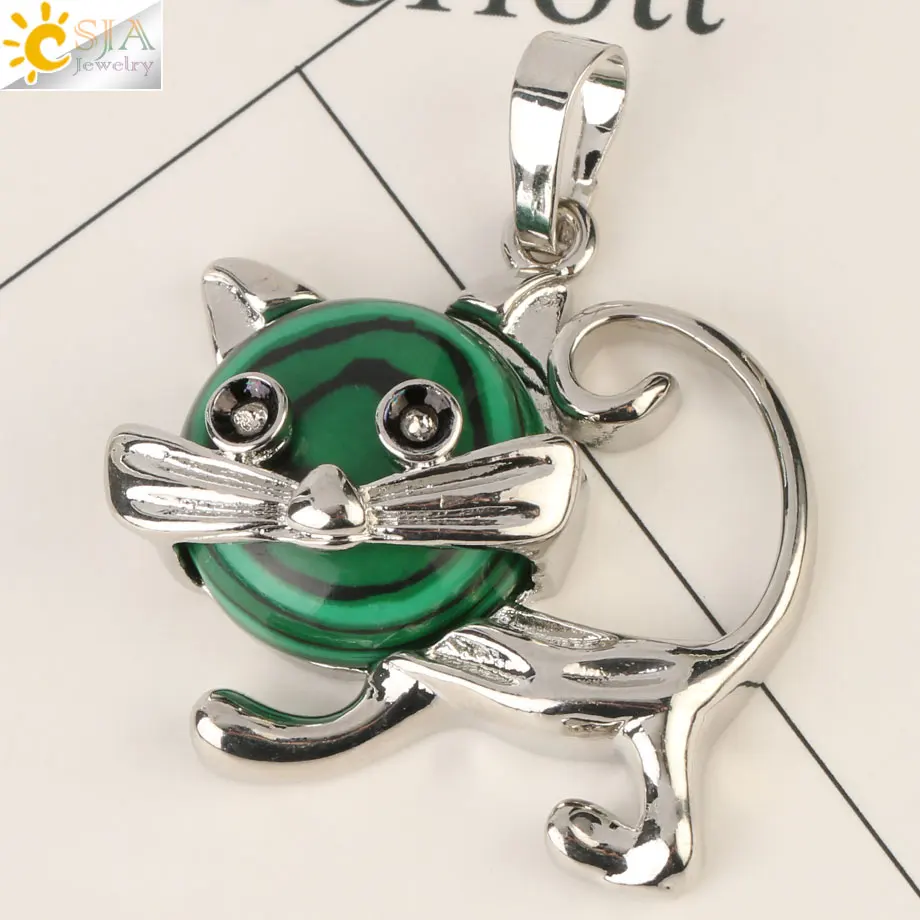 Malachite Csja милое животное, кошка Медальон натуральный камень фиолетовый кристалл розовый с кварцевым тигровым глазом целебные ювелирные изделия для женщин девочек Ожерелья G240 - Окраска металла: Malachite