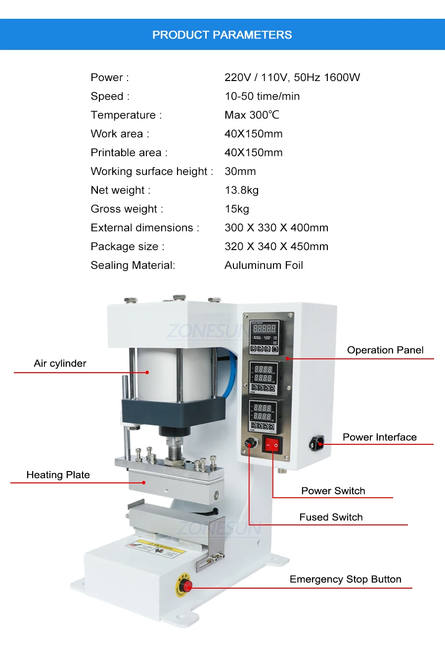 ZONESUN ZY-819G Desktop Pneumatic Heating Sealing Machine