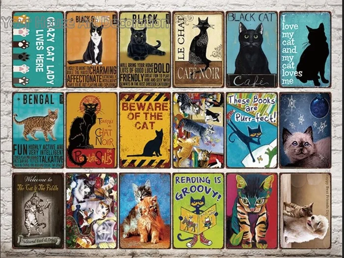 Черно-белые кошки металлические оловянные знаки для питомцев магазин кошек