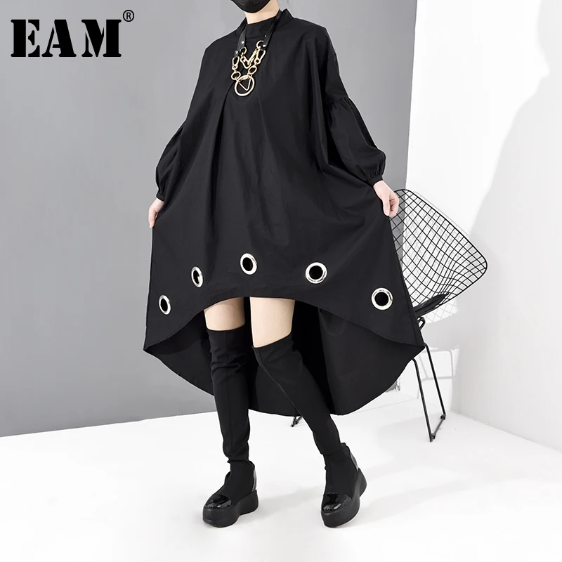 

[EAM] Women Black Long Hollow Out Black Big Size Dress New Stand Collar Long Sleeve Loose Fit Fashion Spring Autumn 2020 JE292