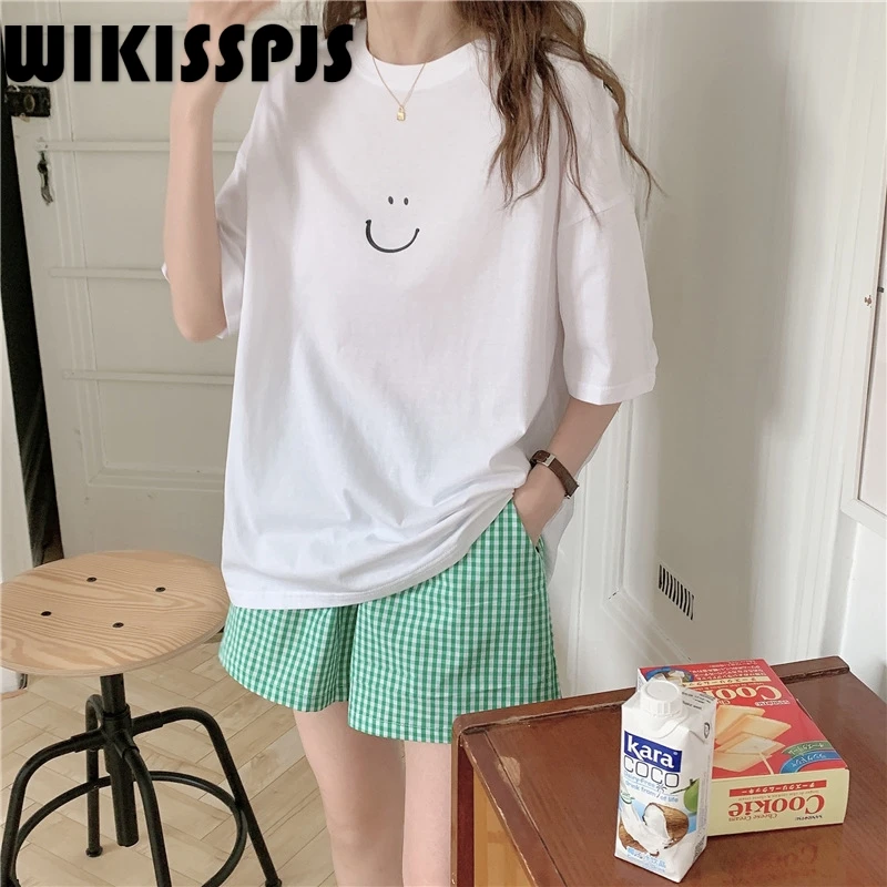 

WIKISSPJS 2021 Summer Cotton Shorts PAJAMAS Two Piece Suit Kawaii Pajama Pajamas for Teen Girls Pajama Set Women Loungewear