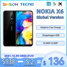 Global ROM Nokia X6 6GB 64GB 5.8 inch 19:9 FHD Snapdragon 636 Octa Core 3060mAh 16.0MP+5.0MP Camera Fingerprint ID Mobile Phone