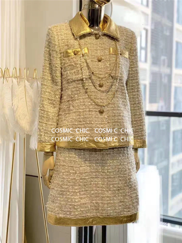 Cosmicchic роскошный Подиум твид комплект из 2 предметов с длинным рукавом золотой воротник Жук пуговицы шерсть твидовый пиджак трапециевидная юбка египетская серия