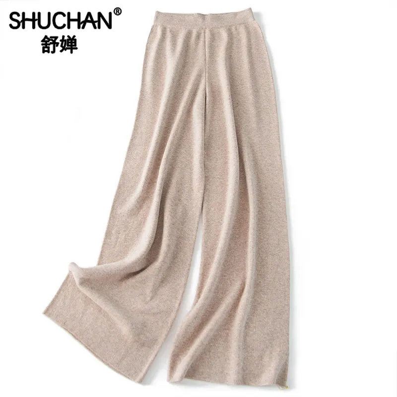 

Shuchan Wool Knitted Wide Leg Pants 2019 Autumn Winter Warm Trousers Women Elastic High Waist Solid Flat Full Length yellow