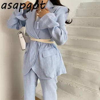 

Pant Suits 2 Piece Sets Korean Chic Casual Lapel Cross Waist Slim None Full Blazer Coat Loose High Waist Side Slit Flared Pants
