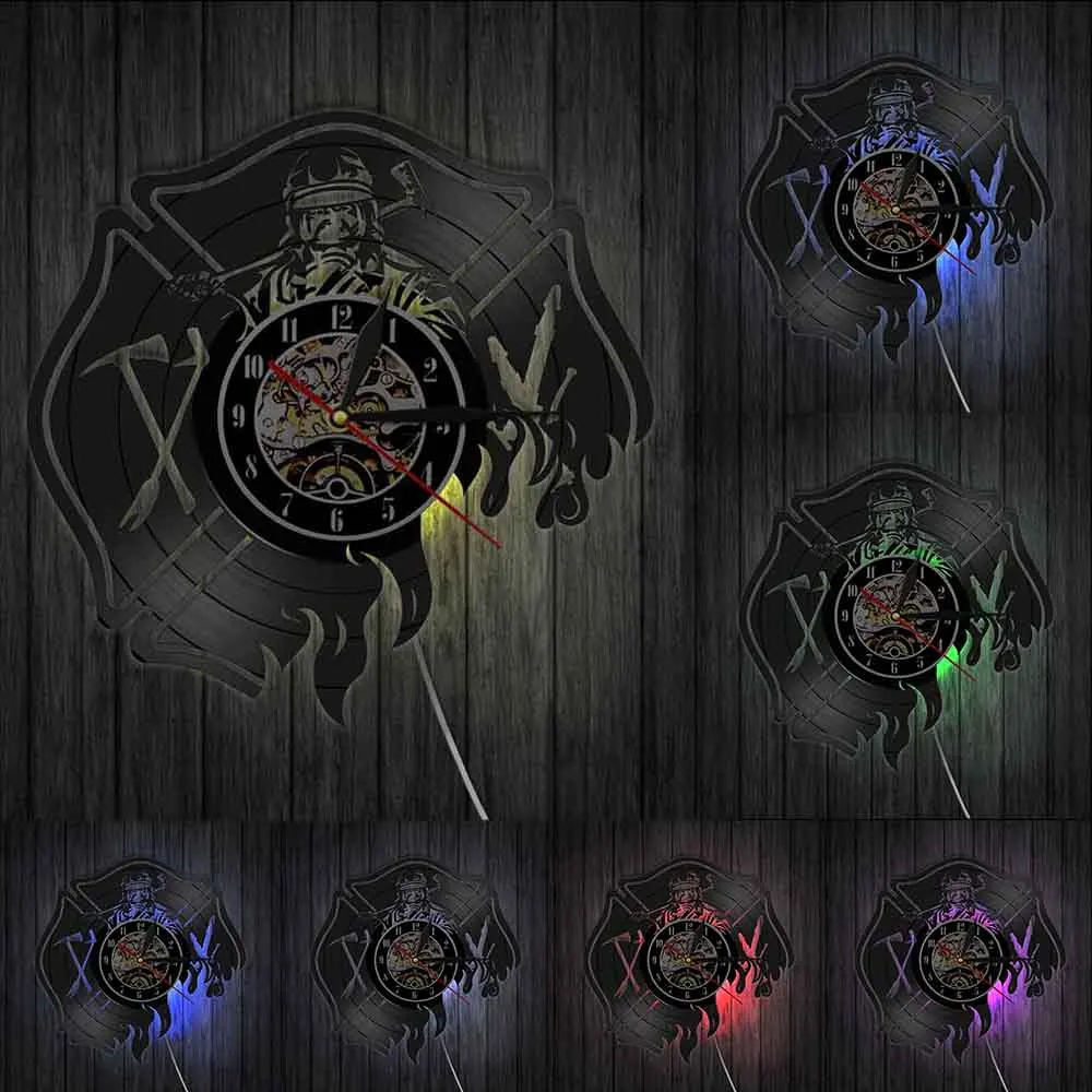Пожарный бесшумные кварцевые настенные часы винтажные виниловые настенные часы пожарный молитва подарок пожарный отдел Декор стены офиса - Цвет: With LED