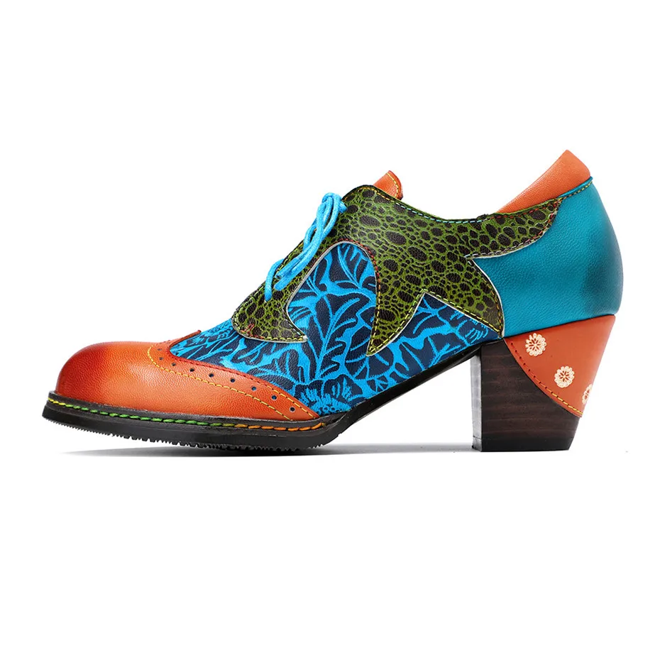Vintage Handmade Print Stitching Women Pumps Oxfords Shoes Ethnic Style Genuine Leather Chunky High Heels Women‘s’ Shoes Brogues (2)