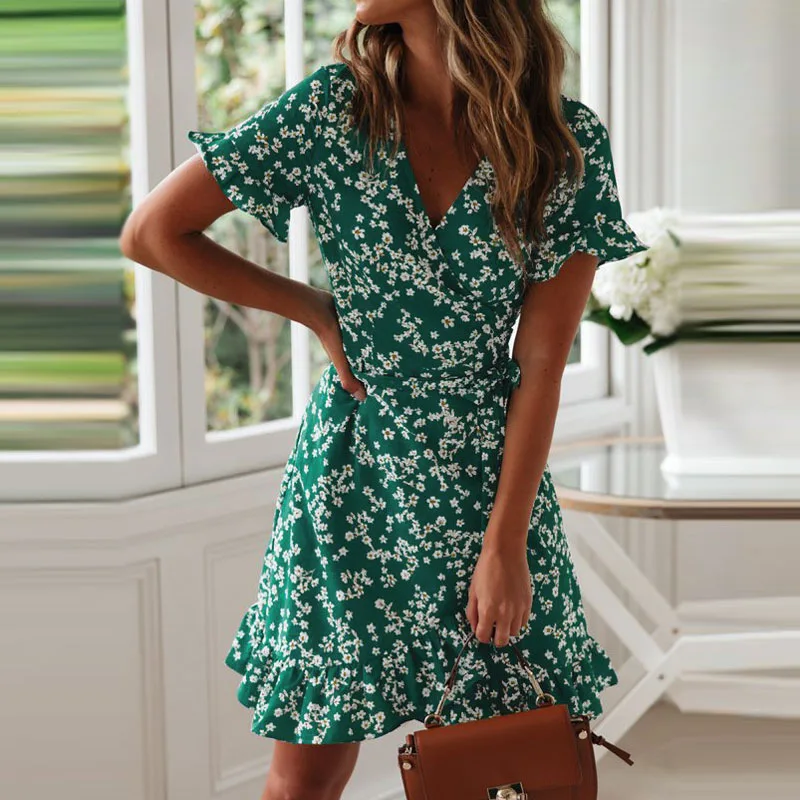 Women Dresses Summer 2020 Sexy V Neck Floral Print Boho Beach Dress Ruffle Short Sleeve A Line Mini Dress Wrap Sundress Robe