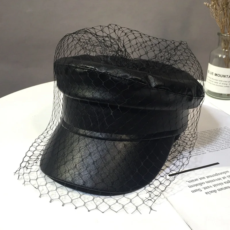 Spring and summer New black  PU lace veil newsboy  caps Fmale Flat top black Mesh letter multiple styles  fashion hats