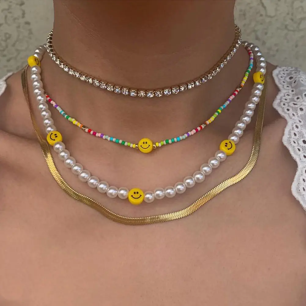 Bling Crystal Tennis Chain Choker Necklace For Women Multilayer Boho Smiley Pearl Beaded Personality Handmade Jewelry | Украшения и