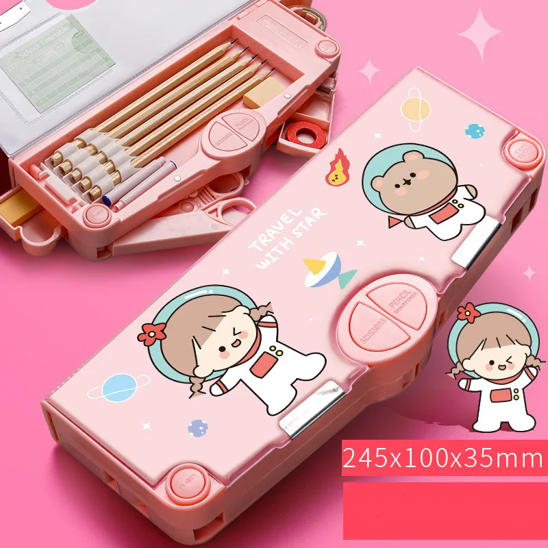 Pencil Cases Stationery Box Large Plastic Pencil Case Cartoon Students Kawaii Multifunction Pencil Cases Kids Gift Pen Cases Stationery Box School Supplies