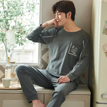 

XIZOU Autumn Winter Knitted Cotton Men's Pyjamas Letter Print Pajamas Set Male Sleepwear Pyjamas Nightsuits Pijama 4XL Homewear