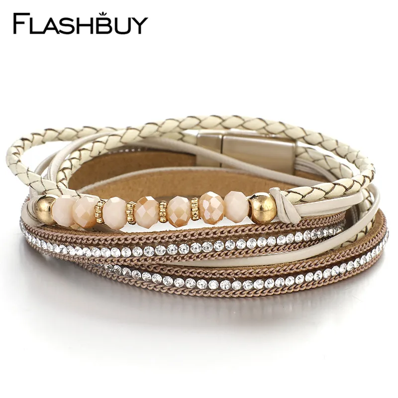 

Flashbuy Crystal Beads Multilayer Leather Bracelets For Women Thin Leather Rhinestone Trendy Wrap Bracelets Party Female Bangles