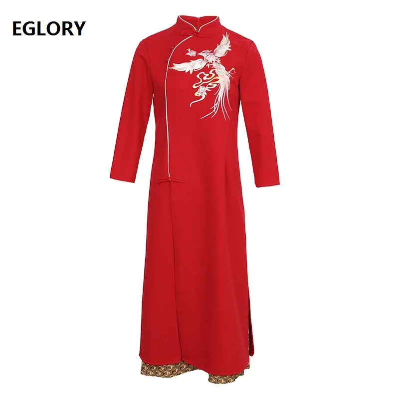 

Elegant 1950s Style Dress 2020 Autumn Winter Bride Mother Women Luxurious Embroidery Vintage Print Patchwork Warm Wool Dress XXL