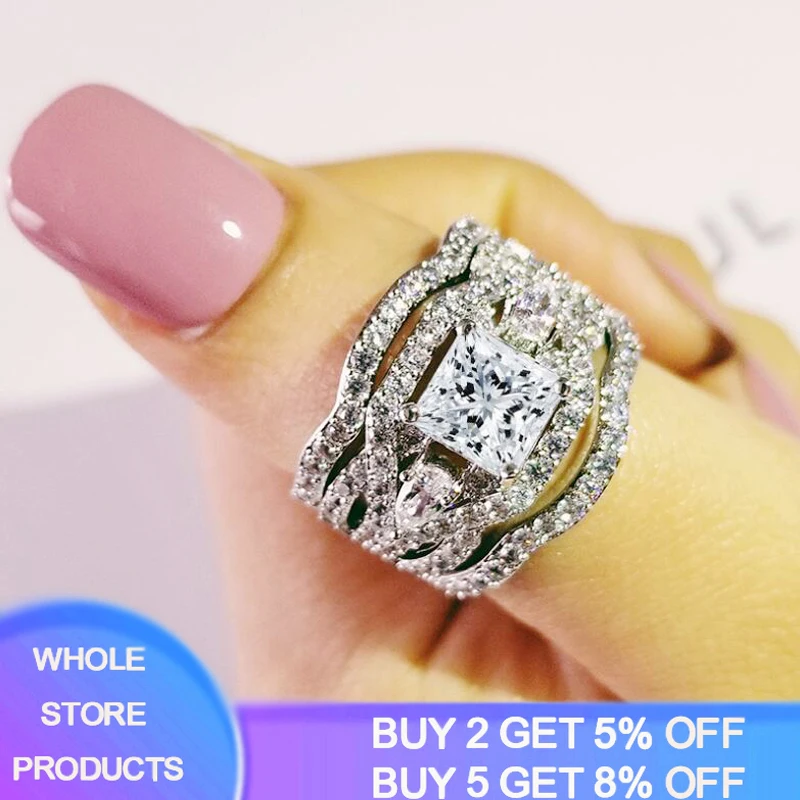 

YANHUI 3Pcs/Set Promise Finger Ring Set 100% Real 925 Sterling Silver 5A Zircon Sona CZ Engagement Wedding Band Rings For Women