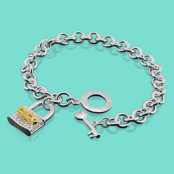 

New Fashion Women Solid Silver Bracelet Charm 100% 925 Sterling Silver Lock Pendant Hand Catenary Punk Jewelry Gift