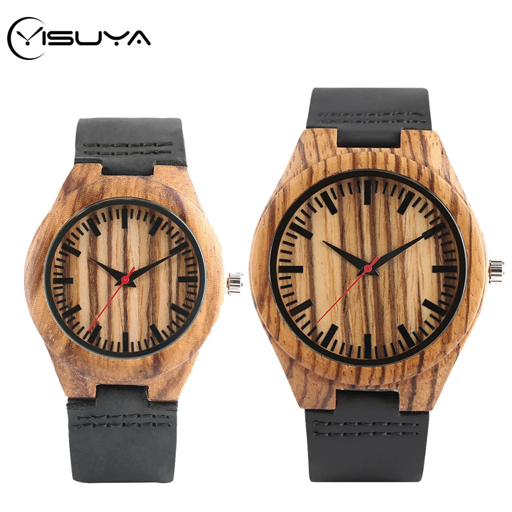 Review  YISUYA Men's Zebrawood Watch Natural Simple Stripe Watches Round Dial Genuine Leather Clock Male Qu