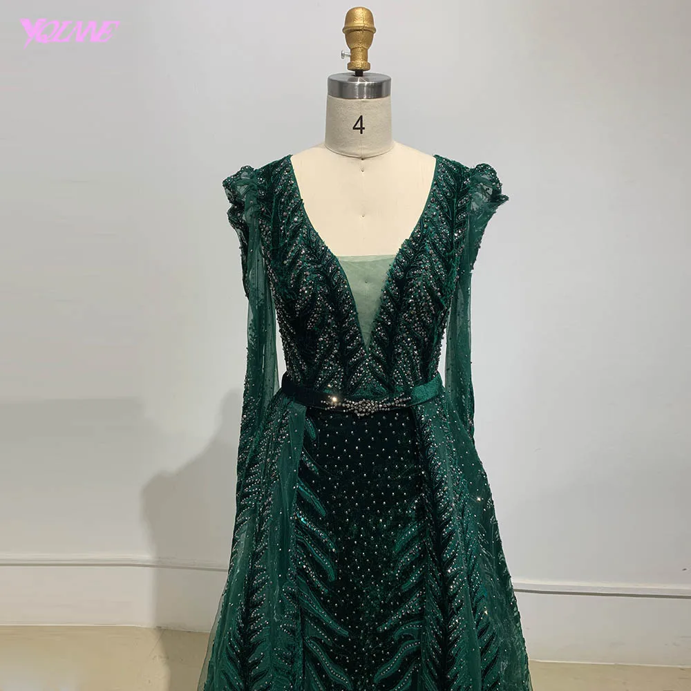 YQLNNE Дубай зеленый с длинным рукавом вечернее платье V шеи бархат бриллианты Формальное вечернее платье