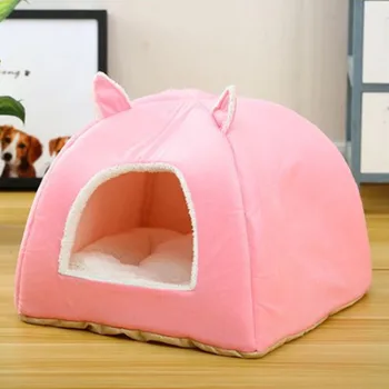 

Pets Foldable Cat Bed Self Warming for Indoor Cats Dog House with Removable Mattress Puppy Cage Lounger Grey Pink Coral Fleece