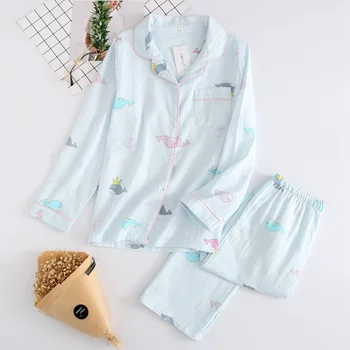 

New 2020 Ladies Pajamas Set 100% Gauze Cotton Animal Printed 2Pcs Turn-down Neck Shirt+Pants Comfort Fresh And Nature Women