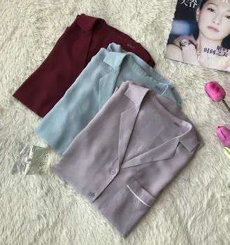 

Women Silk Blouse Long Sleeve Soft Solid Color Shirt Pajama