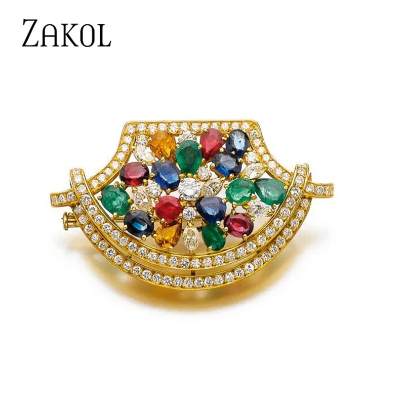 ZAKOL Новое поступление Разноцветные броши в форме кошелька с кубическим цирконием для женщин и девушек модные золотые вечерние ювелирные изделия в подарок FSXP008