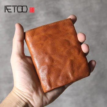 

AETOO Simple retro head cowhide short small wallet men and women handmade leather ultra-thin clips