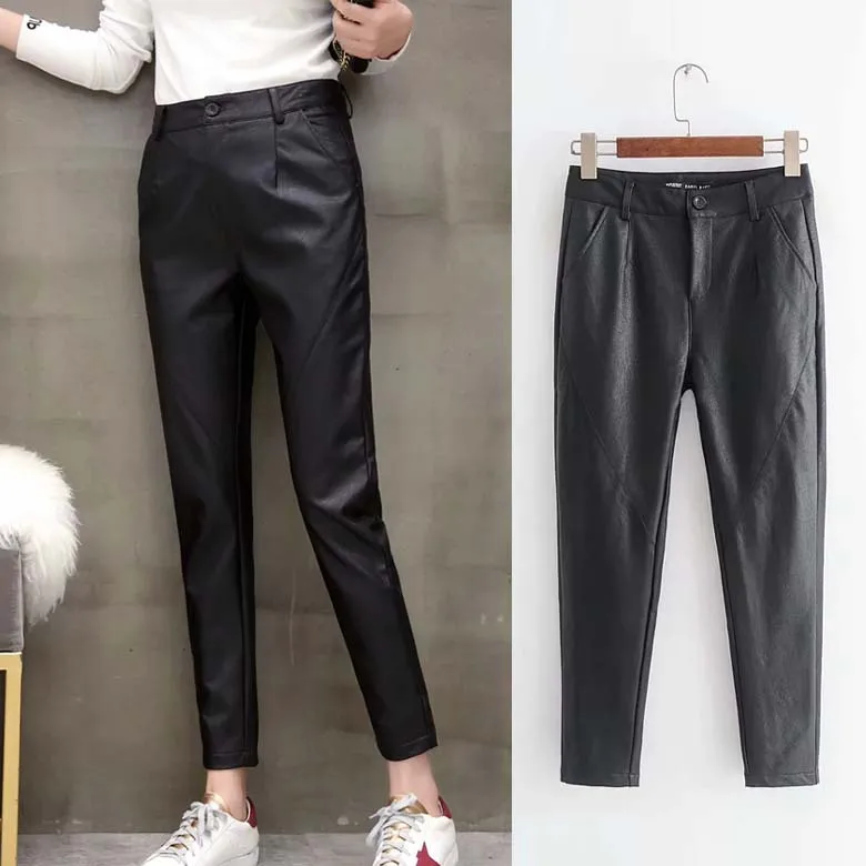 Женские облегающие черные брюки из искусственной кожи повседневные Прямые