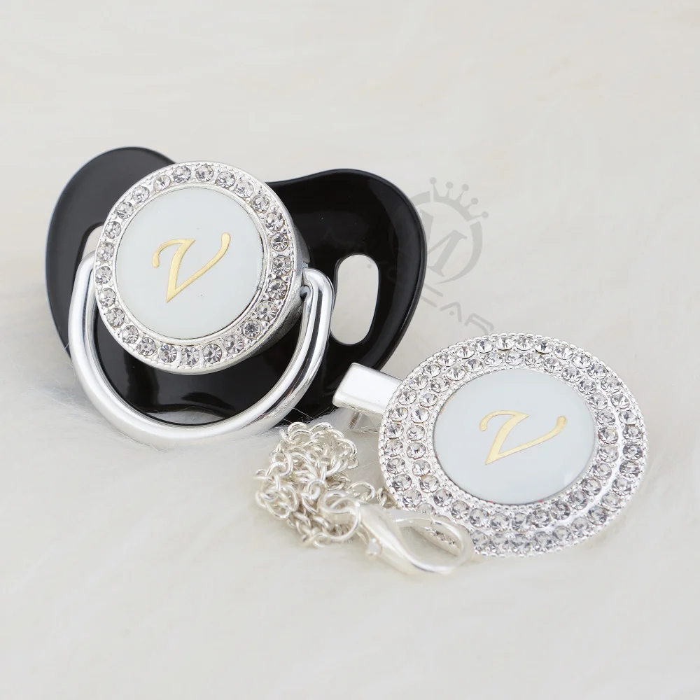 

BLING name Initial letter V elegant silver bling pacifier and pacifier clip BPA free dummy bling unique design SGS pass LV-1