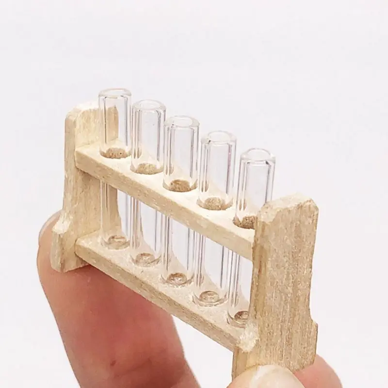 New 5pcs/set Laboratory Glass Test Tubes with Wooden Rack Set 1:12 Dollhouse Miniature Accessory Decoration Ornament