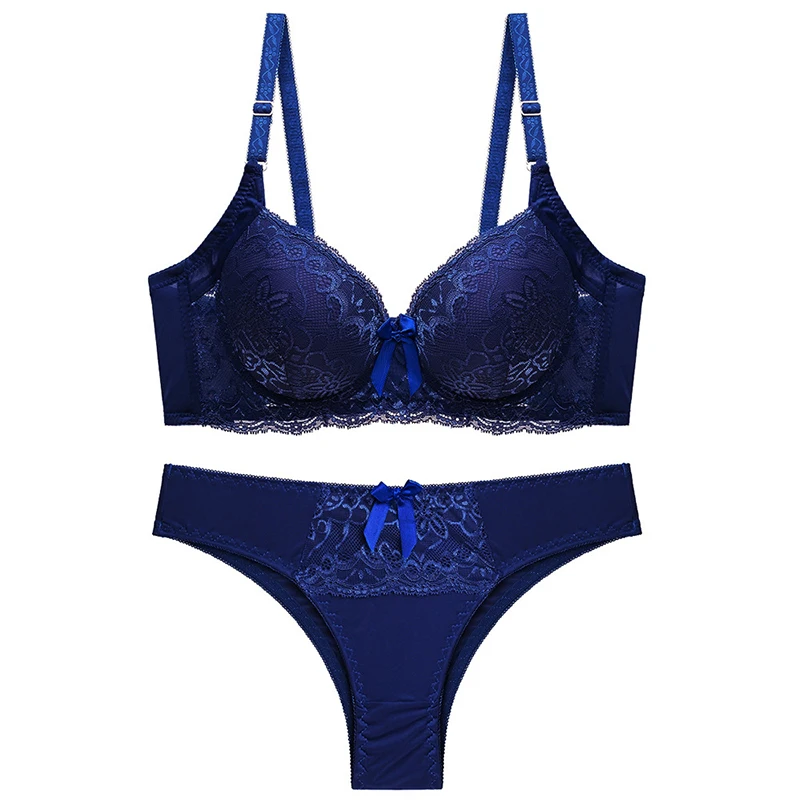 Сексуальный кружевной бюстгальтер, комплект трусов, бесшовный бюстгальтер, комплект пуш-ап бюстгальтера, комплект нижнего белья, чашка B C, трусики для женщин, модное женское нижнее белье - Цвет: Navy blue