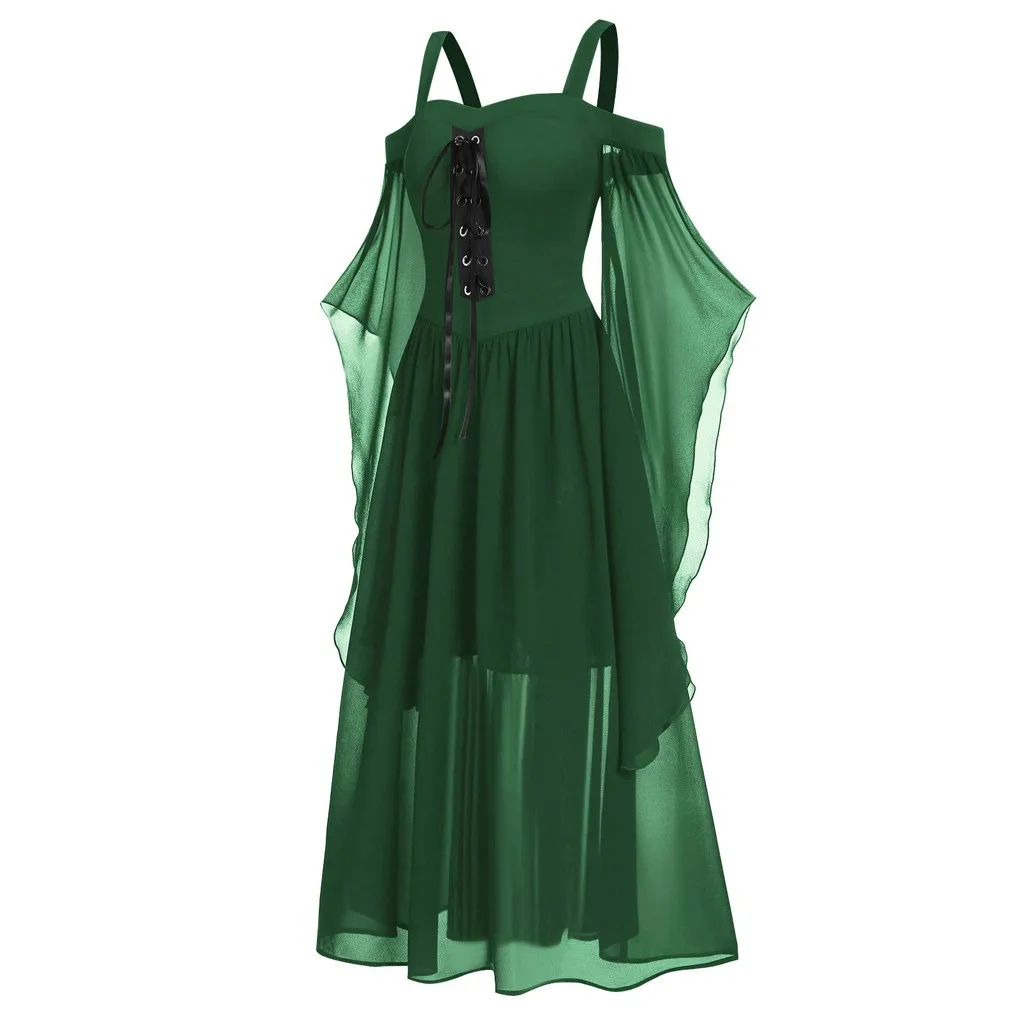 Женское готическое платье, сексуальное однотонное Сетчатое платье с открытыми плечами в стиле бохо, Длинные вечерние платья на шнуровке для Хэллоуина, Vestidos 919W