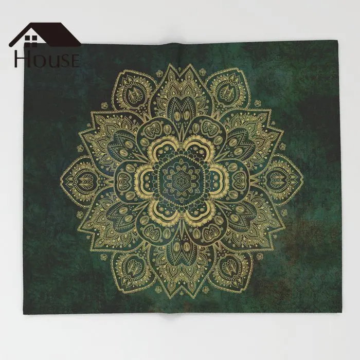 

BIGHOUSES Throw Blanket Golden Flower Mandala on Dark Green Throw Blanket Warm Microfiber Blanket