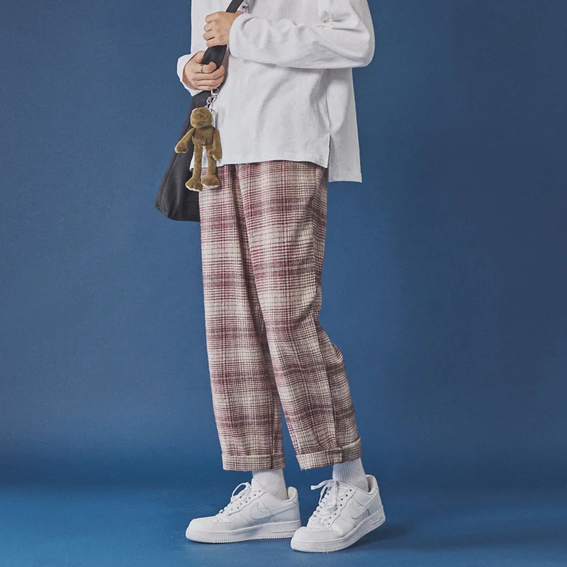 

Spring Cotton Plaid Pants Men's Fashion Retro Straight Pants Men Streetear Wild Loose Drawstring Casual Pants Mens M-2XL