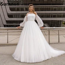 Sumnus Vintage Wedding Dresses Puff Sleeves Appliques Lace Off the Shoulder Wedding Boho Bridal Gown With Belt 2021