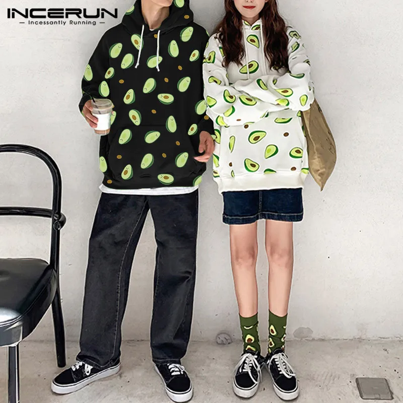 INCERUN Personality Avocado Printed Hooded Men Long Sleeve Big Pockets Pullover Small Fresh Youth Mens Hoodies Sweatshirt Jogger