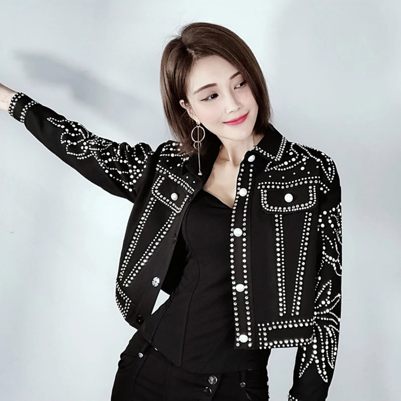 Goede 2019 Herfst Womens Punk Stijl Denim Jasje Losse Lange Mouwen Single Breasted Parels Diamanten Jas Vrouwelijke Streetwear Jean Jas