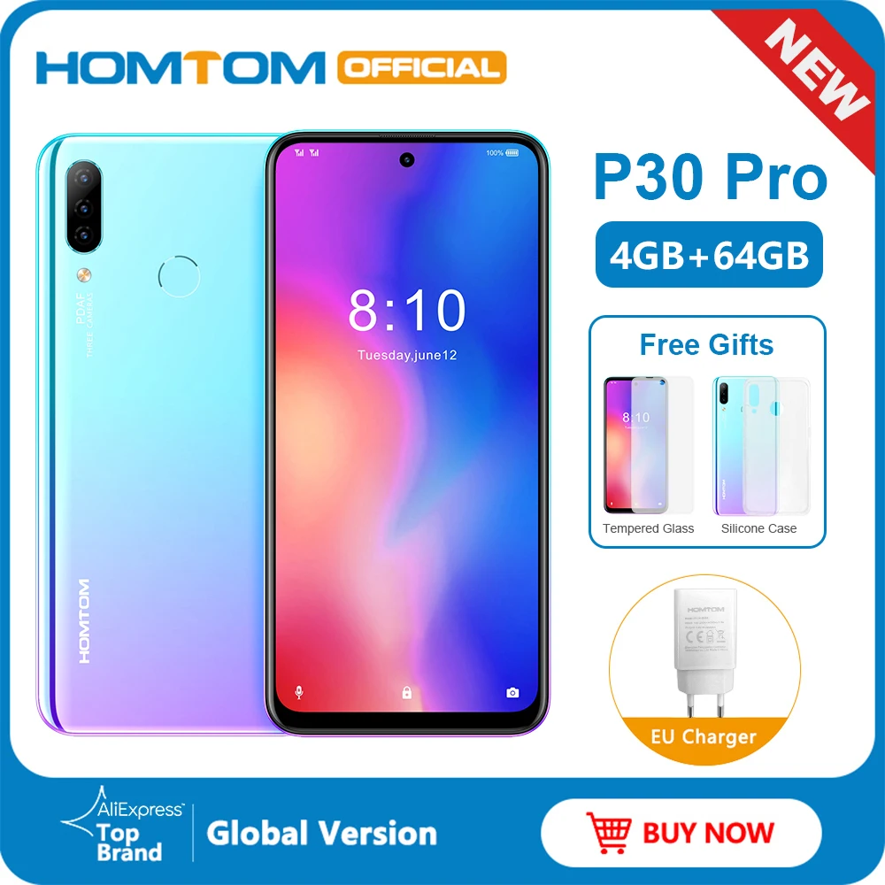  HOMTOM P30 pro Android 9.0 4G Mobile Phone MT6763 Octa Core 4GB 64GB 4000mAh 6.41 inch Face ID 13MP