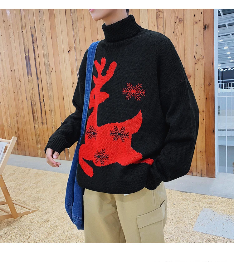Winter Turtleneck Sweater Men's Warm Fashion Print Casual Knit Sweater Man Street Wild Loose Long Sleeve Pullover Men Clothes
