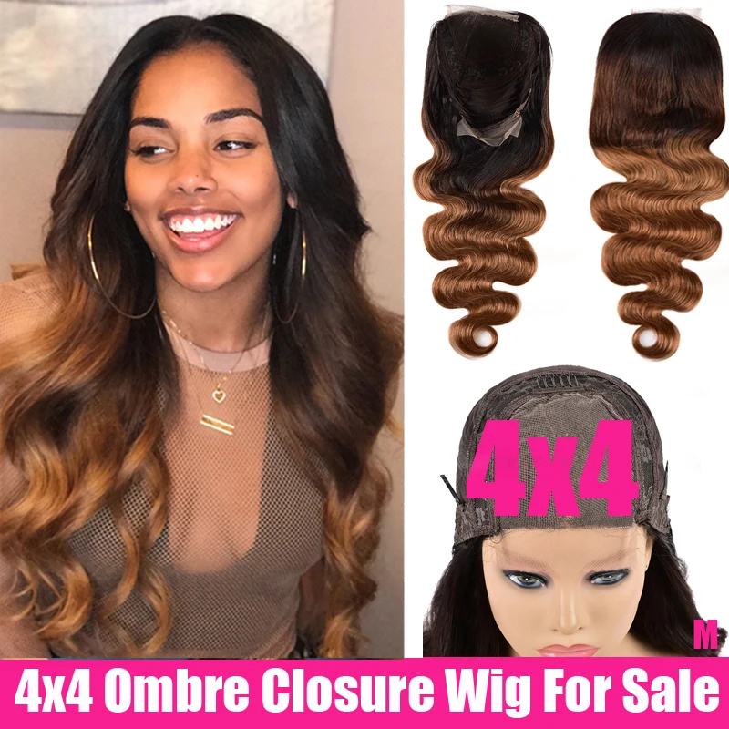 

4x4 Lace Closure Wig Remy Brazilian Body Wave Wig Pre Pluck Swiss Lace Wig Middle Part Long Ombre Human Hair Wig For Black Women