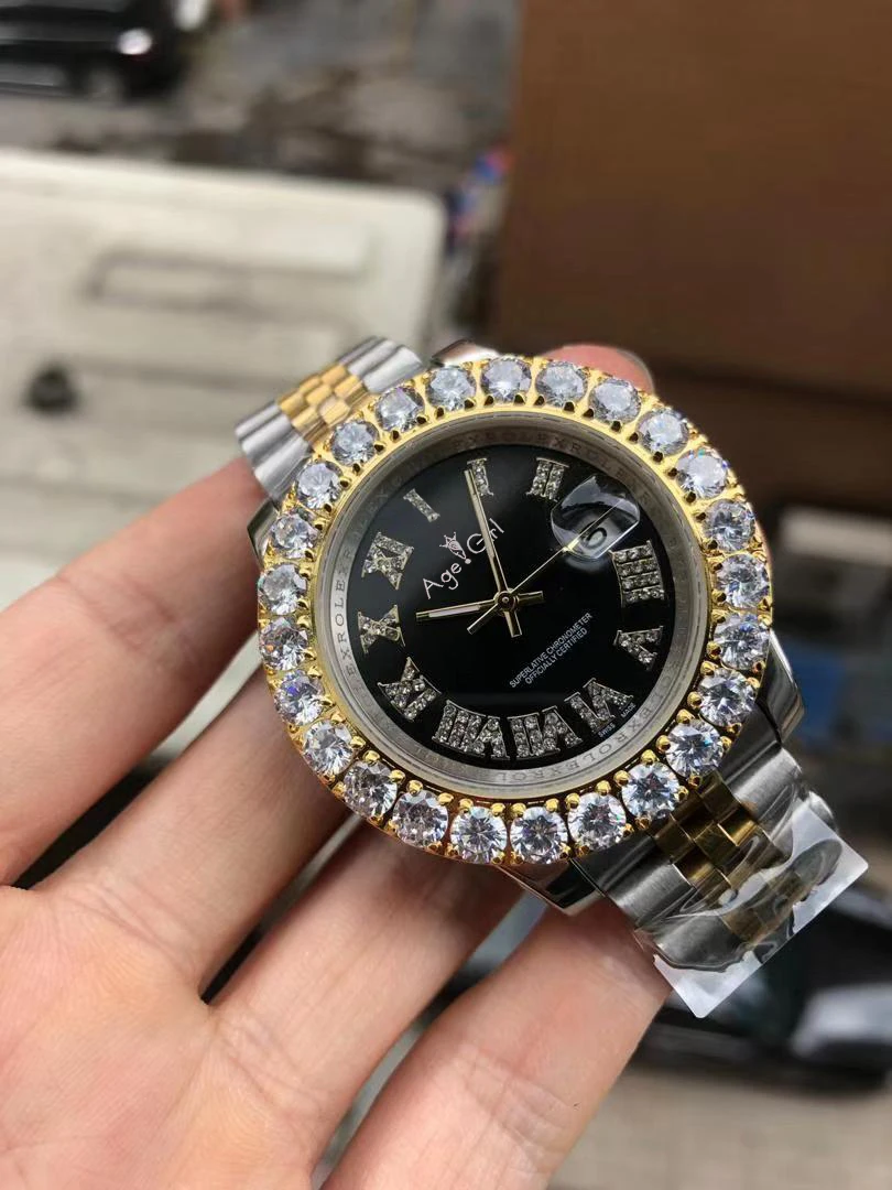 

Luxury Brand New Men Silver Yellow Gold Big Diamond Rome Dial Datejust Automatic Mechanical Stainless Steel Sapphire Watch 44mm