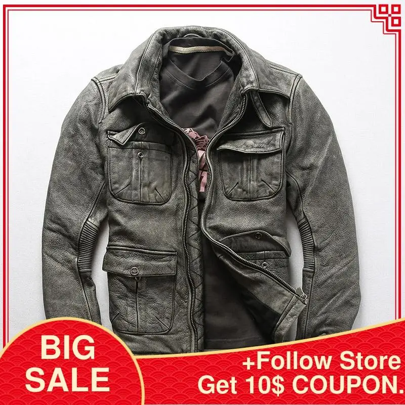 

2020 Vintage Grey Men Safari Leather Jacket Plus Size XXXXL Genuine Thick Cowhide Spring Natural Leather Coat FREE SHIPPING